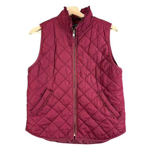 J. Crew Mercantile Quilted Ruffle Trim Burgundy Puffer Vest M Medium - Picture 3 of 11